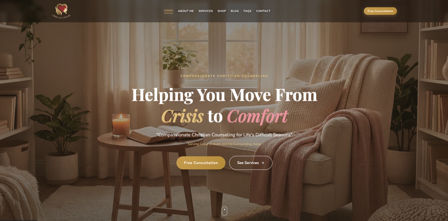 Crisis to Comfort Counseling homepage: a warm, professional presence for a Treasure Valley counseling practice.