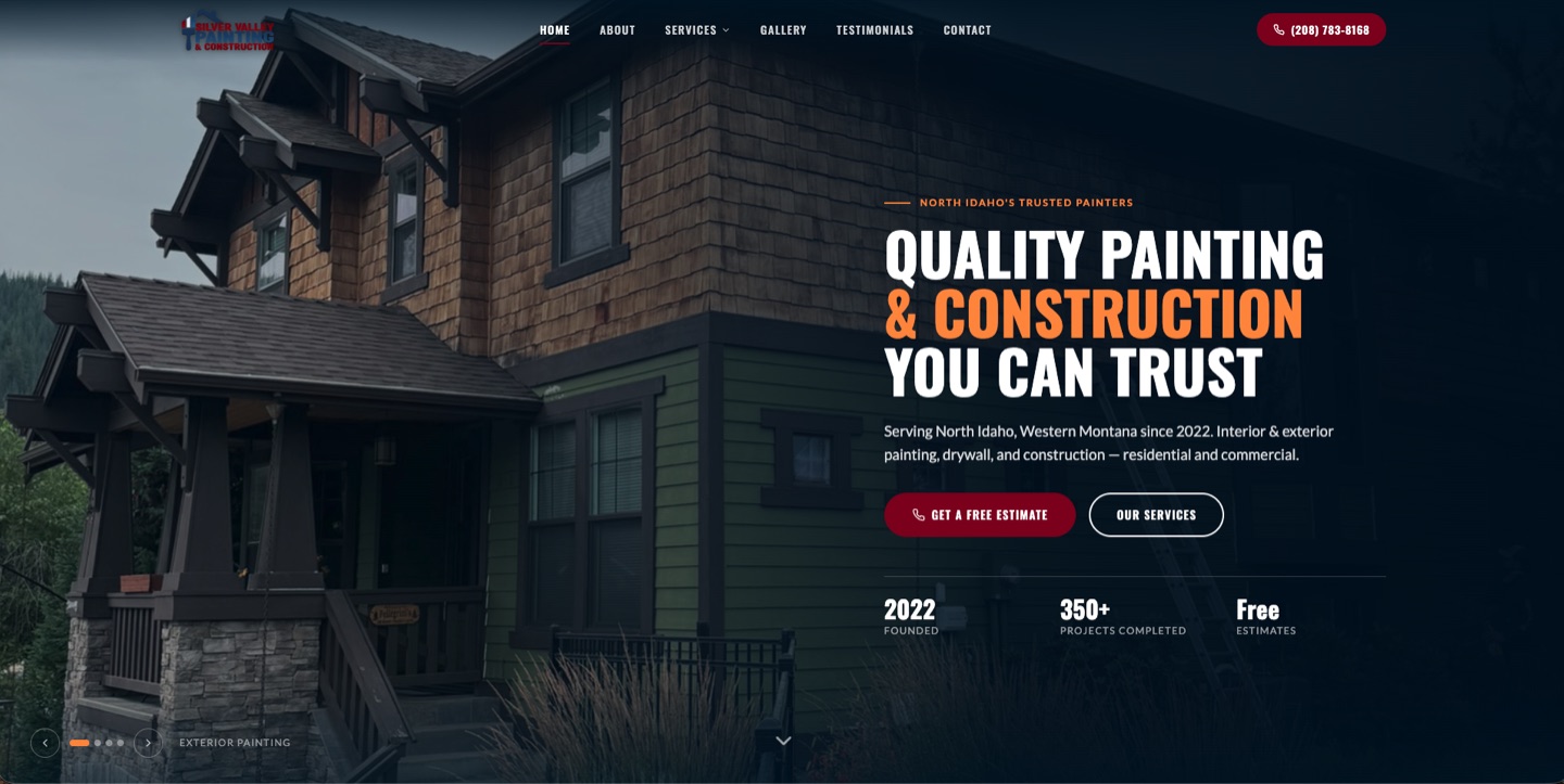 Silver Valley Painting & Construction homepage: interior, exterior, and commercial work across North Idaho.